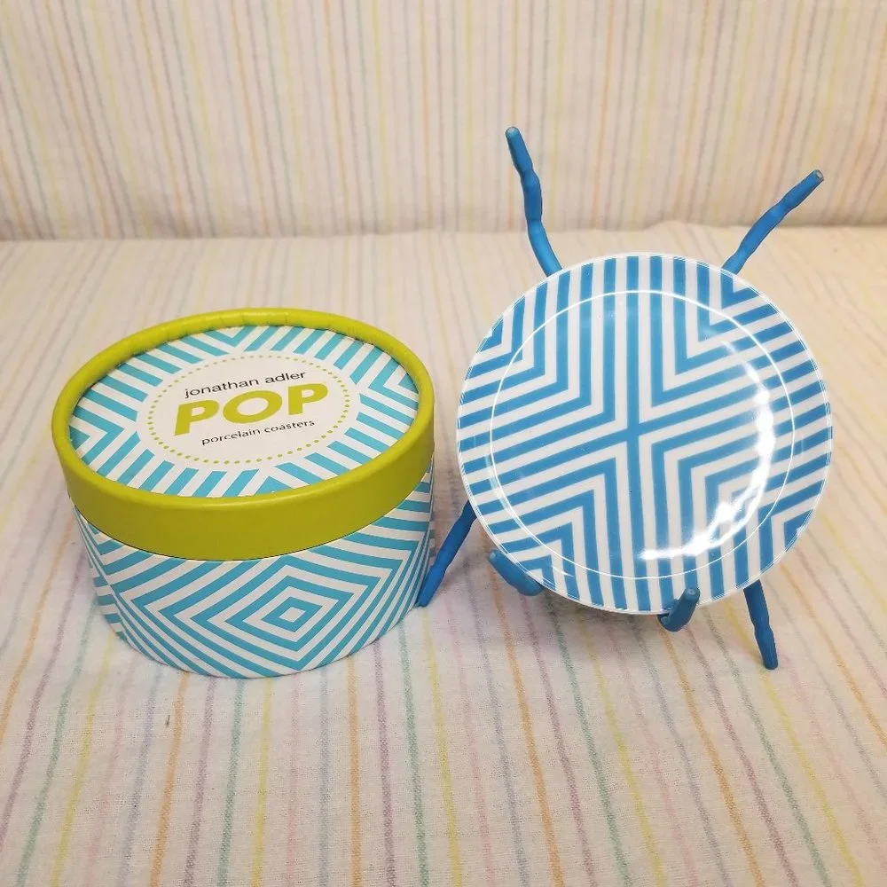 NIB Jonathan Adler POP! 4pc Set Porcelain Coasters Chevron Stripes Multicolor